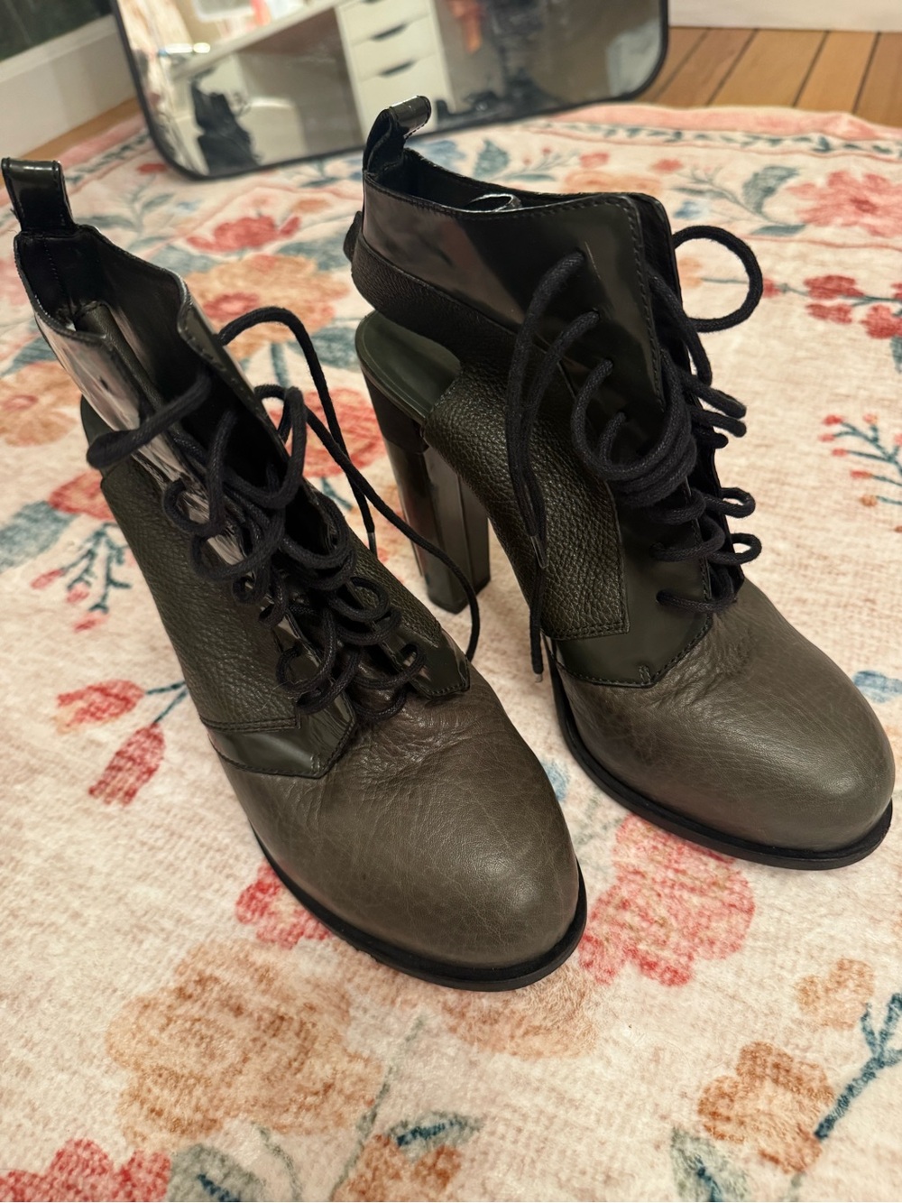 Alexander Wang Olive Green and Black Lace-Up High Heel Ankle Boots